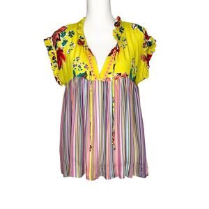 Ivy Jane Yellow Floral Multicolor Striped Baby Doll Blouse Top XS